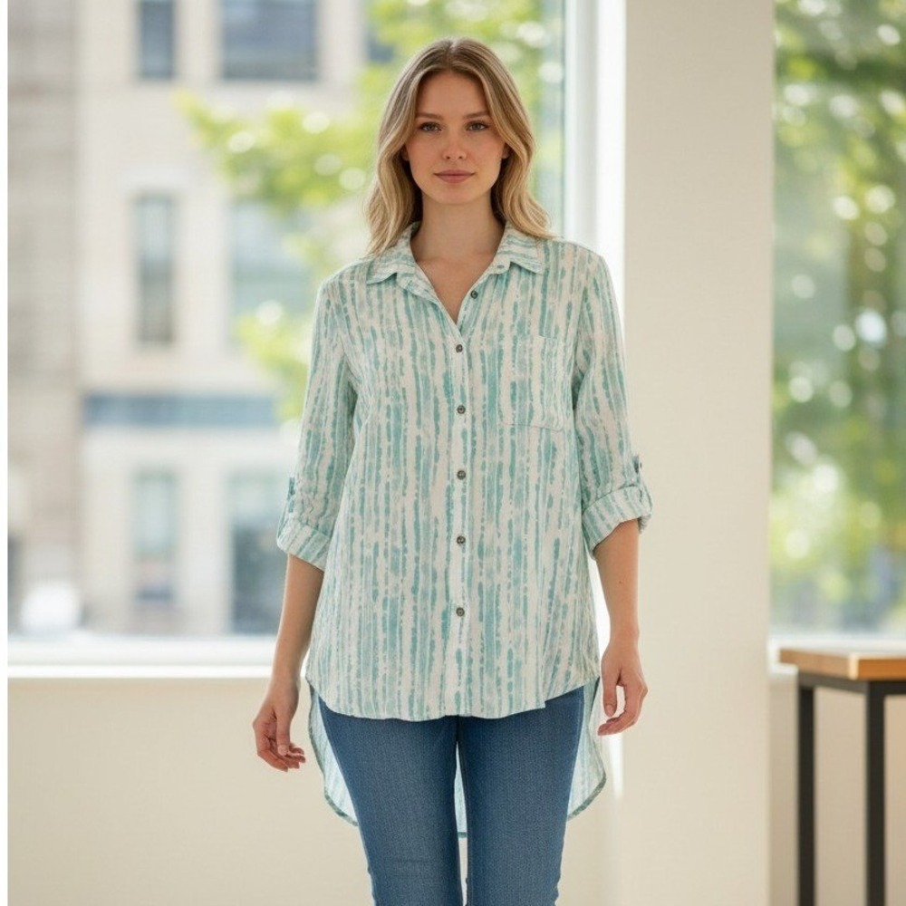 Billy T Shirt Womens XL Blue Green‎ Tie Dye Button Down Boho Coastal SF1804T